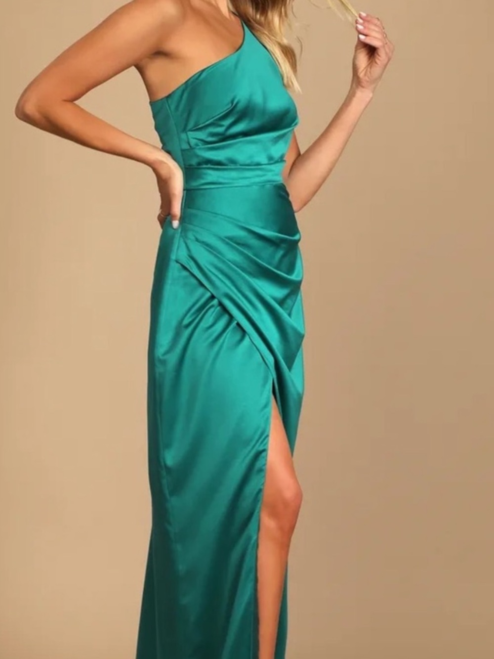 Lulu's Teal One-Shoulder Satin Gown with Side Slit